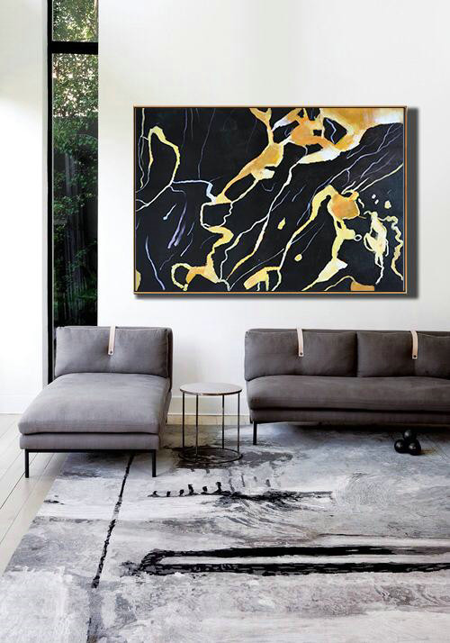Hand Made Abstract Art,Hand Painted Oversized Horizontal Abstract Marble Art On Canvas,Acrylic Painting On Canvas,Earthy Yellow ,Black,White.etc